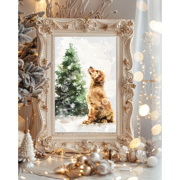 Golden Retriever Print, Dog & Tree Home Decor #2249, Unframed Poster Size 8x12