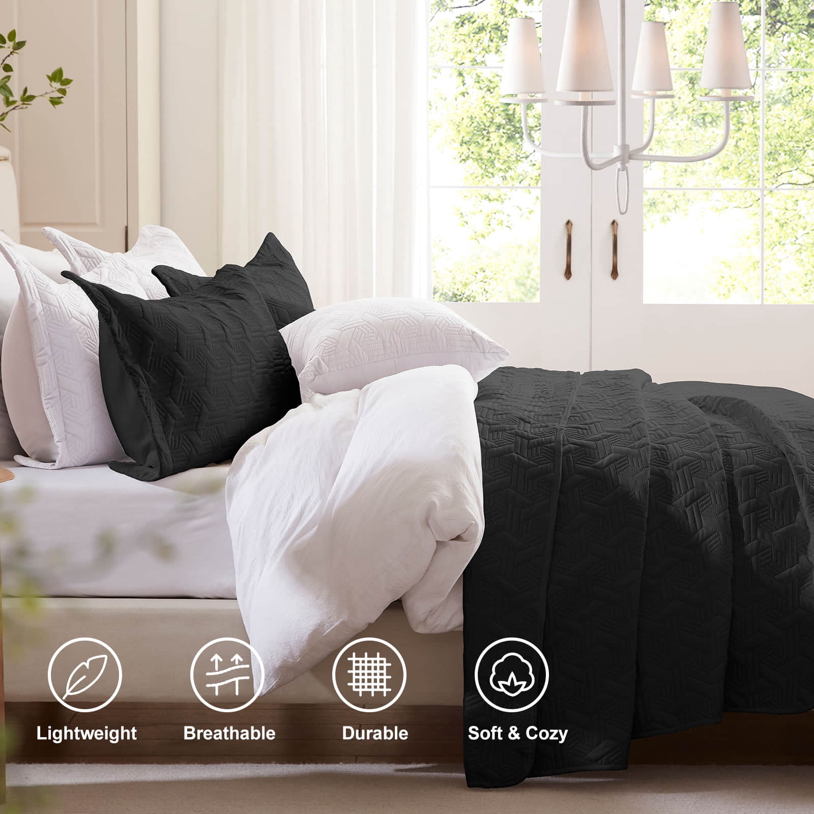 Full/Queen Quilt Set 3 Pieces, Lightweight Black Bedspread-90''x98'', Soft Microfiber Summer Quilt/Coverlet, Luxurious Warm Bedding Sets for All Seasons (Includes 1 Quilt, 2 Shams)