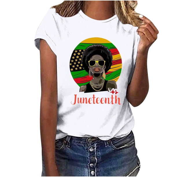 Tops de Manga Corta para las Mujeres de Ajuste Suelto, Día de la Independencia Negro Impreso, Cuello Redondo Suelto Superior