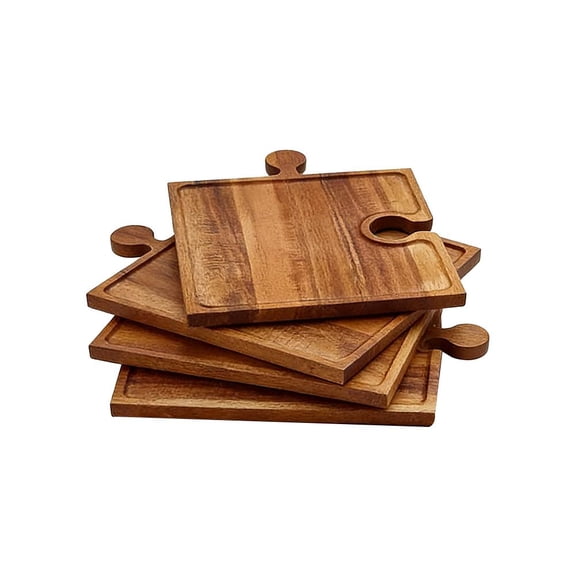 4-Piece Wooden Puzzle Piece Serving Tray Set, Interlocking Charcuterie Board with Wine Glass Holder & Stand, 9 Inch