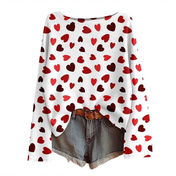 Womens Valentine Sweater Ribbed Knit Texture Crewneck Sweater Heart Motif Long Sleeve Pullover Cozy Casual Top White XL