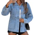 thumbnail image 2 of Women's turn Down Collar Solid Color Casual Denim Jacket with Open Front Daily Wear, 2 of 6
