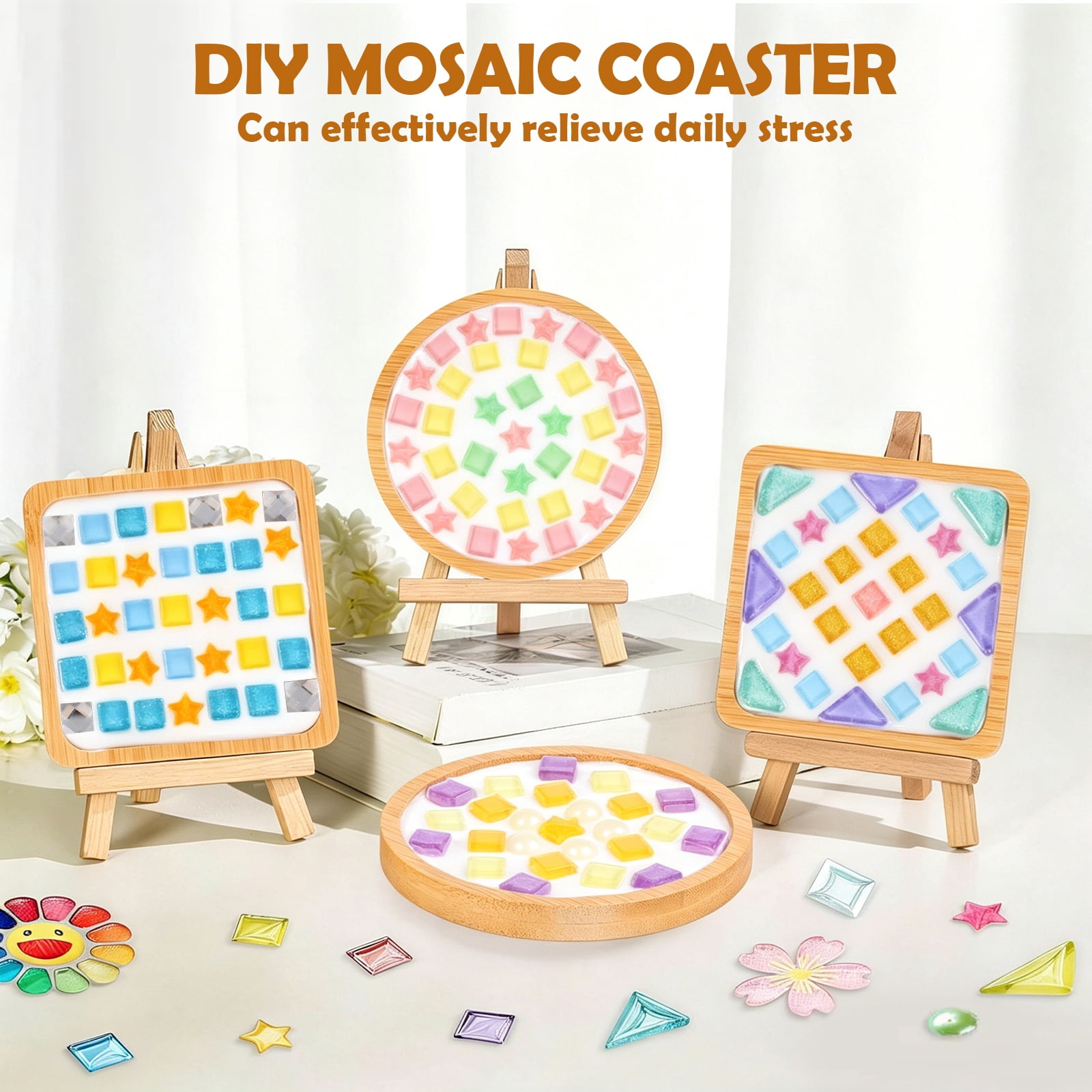 Austok 4 Pcs DIY Mosaic Kit for Adult Glass Tile for Craft with Bamboo Cup Pad for Women Mixed Color Mosaic Art Craft Cup Mat Project Handmade Making Kit Set for Home Decor Present