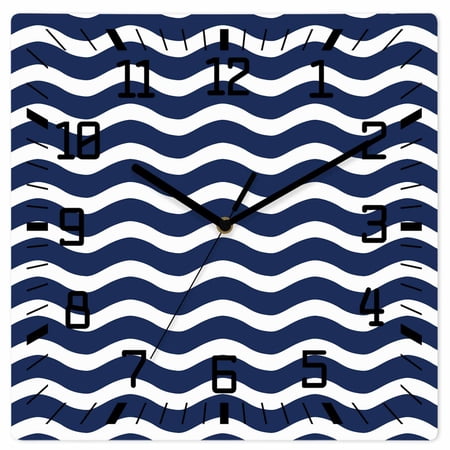 Navy Blue Moire Wooden Wall Clock Silent Non Ticking, Water Ripple Stripe Farmhouse Square Wall Clocks Battery Operated, Decor Clock for Home Office, Living Room, Kitchen, 12 Inch
