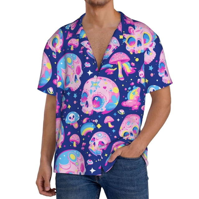 Fotbe colorful Skull mushroom rainbow Camisa Estampada de Manga Corta para Hombre, Casual de Verano, Estilo Playero, Sin Arrugas-X-Large