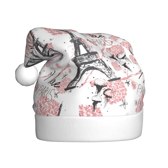 Fuzoiu Paris Print Santa Hat Christmas Hat for Adults,Santa Hats with Pompom, Unisex Xmas Holiday Hat for Christmas New Year Festive Party Supplies