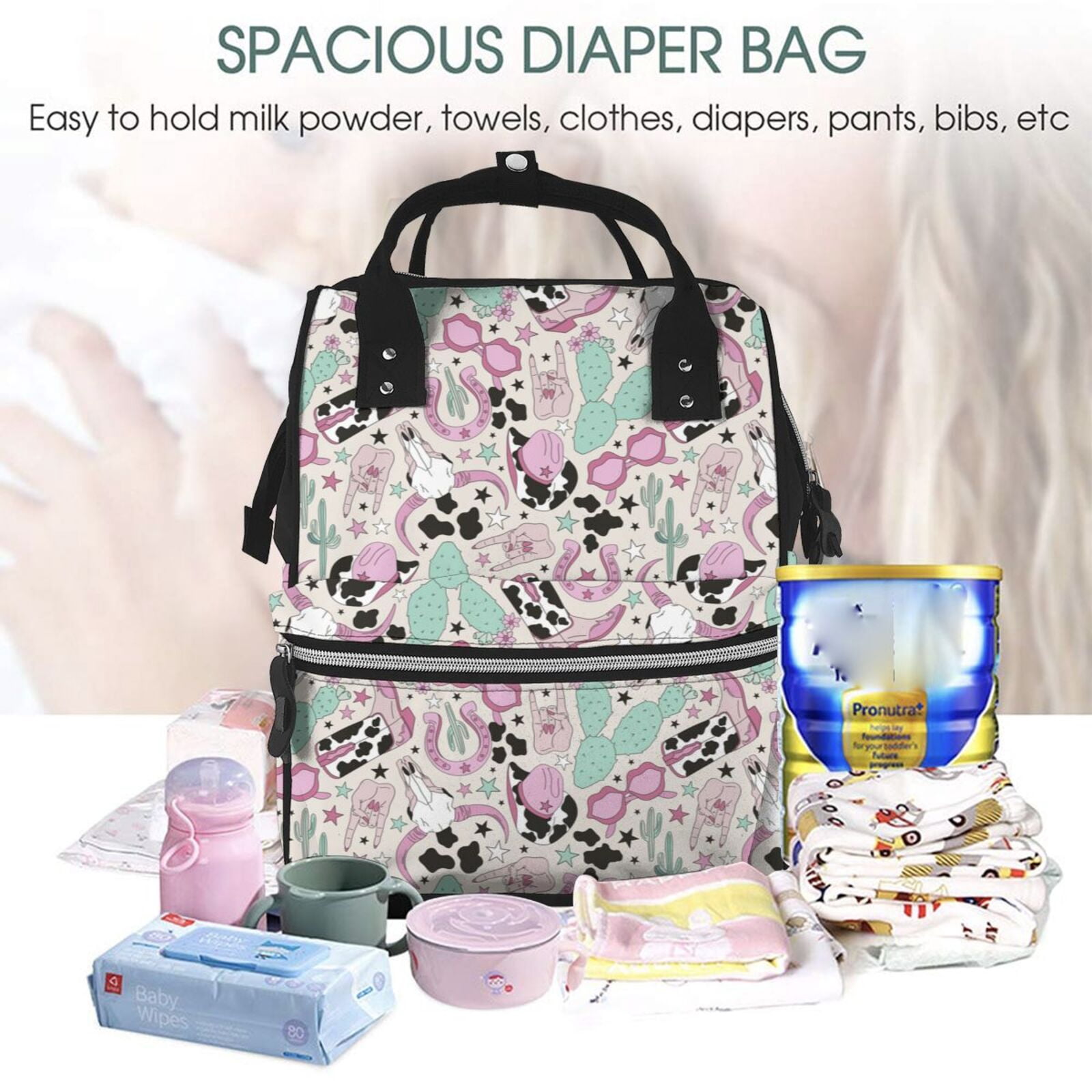 Ratiio West Cowgirl Disco Mummy Backpack - Waterproof Twill Canvas, Large Capacity Diaper Bag with Multiple Pockets and Adjustable Straps