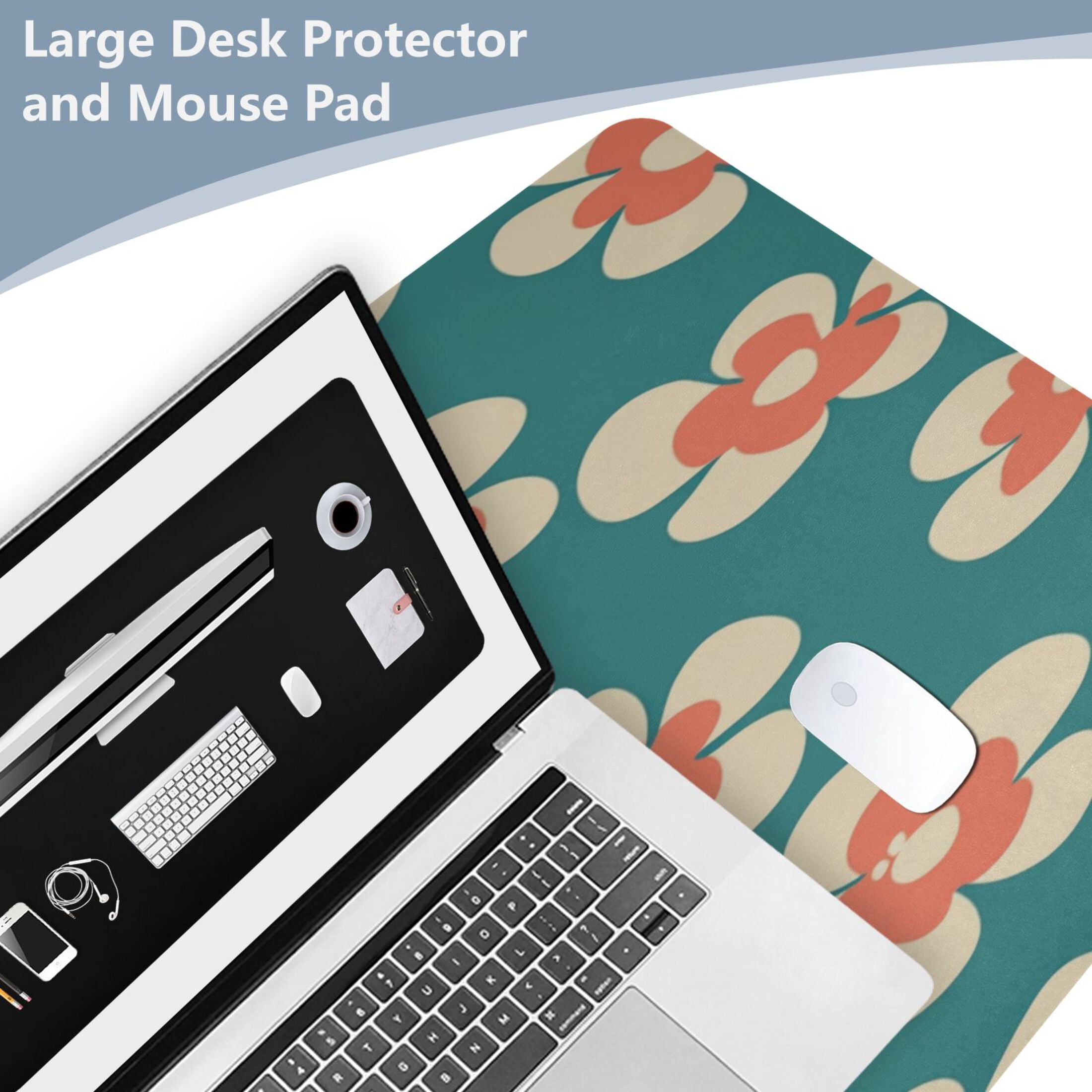 Leather Keyboard and Mouse Desk Mat Office Desk Accessories Protective Office Desk Decor Desk Pad Mat for Gaming, Work from Home, Office Peach Color Flowers 23.6" x 47.2"