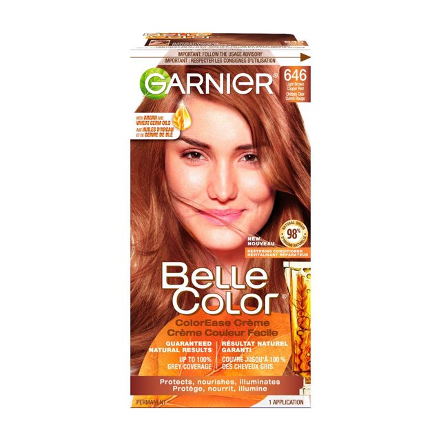 Garnier Belle Color Permanent Hair Dye, 646 Light Brown Copper Red, 100% Grey Coverage, Enriched with Argan Oil and Wheat Germ Oils - 1 Application