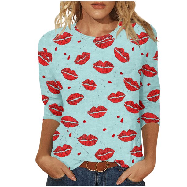 Camisetas Casuales de las Mujeres 3/4 Manga Cuello Redondo Impreso Blusa Imitación Estante Tela, Camiseta de Moda Superior para el Hogar Diario Y Desgaste Casual Todo el Año