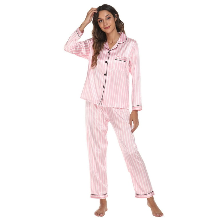 JDEFEG Sleep Clothes for Women Cotton Women Fashion Pajama Printing Sets  Long Sleeve Button Sleepwear Nightwear Soft Sets Cute Pajamas Set Satin  Pink