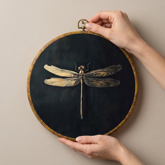 Moody Dragonfly Wall Art – Vintage Dark Academia 10x10 Canvas Print, Round Cottagecore Minimalist Decor for Bedroom, Living Room, or Gallery