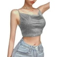 thumbnail image 3 of Txlixc Blusa de verano para mujeres, correas de espaguetis brillantes, negras cuello V de corte bajo para niñas Txlixc moda, 3 of 6