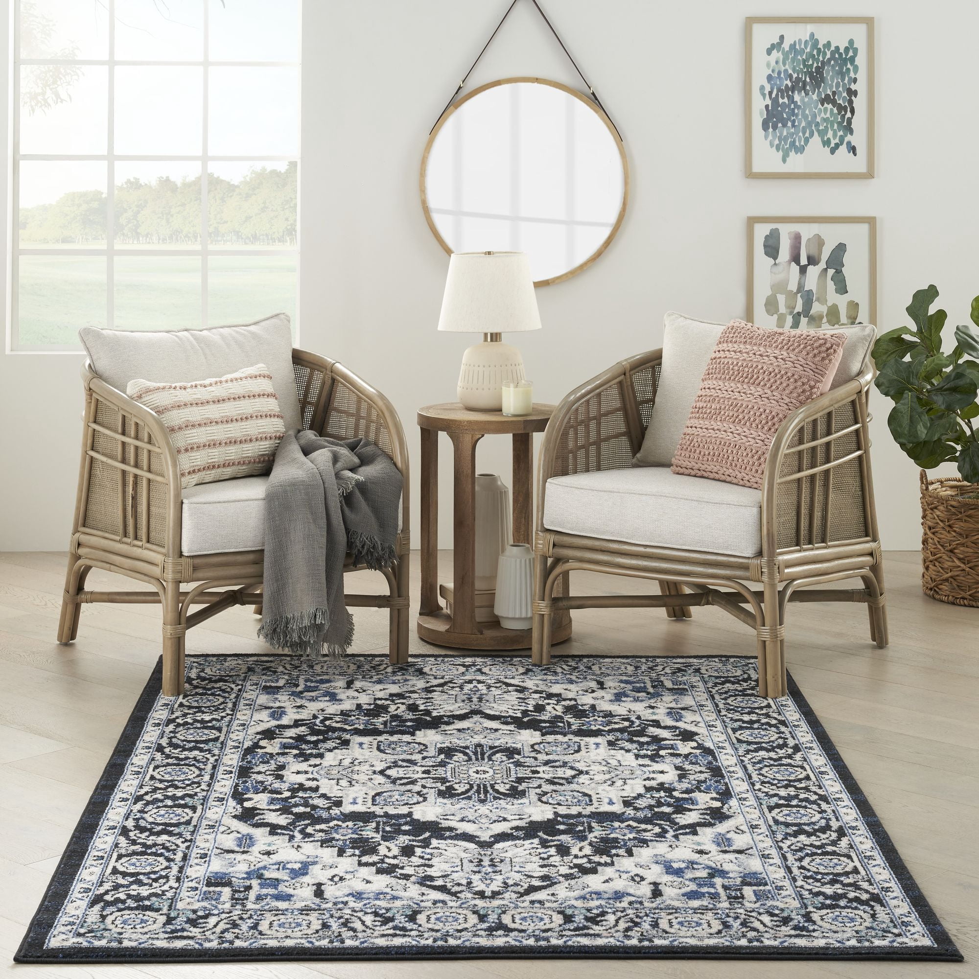 Nourison Passion Black Ivory 5'3" x 7'3" Area Rug, Contemporary, Boho, Bed Room, Living Room, Dining Room, Kitchen, , Easy Cleaning, Non Shedding (5' x 7')