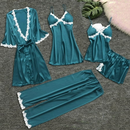 

MRULIC intimates for women Women Lace Lingerie Nightwear Underwear Babydoll Sleepwear Dress 5PC Suit Light blue + 3XL