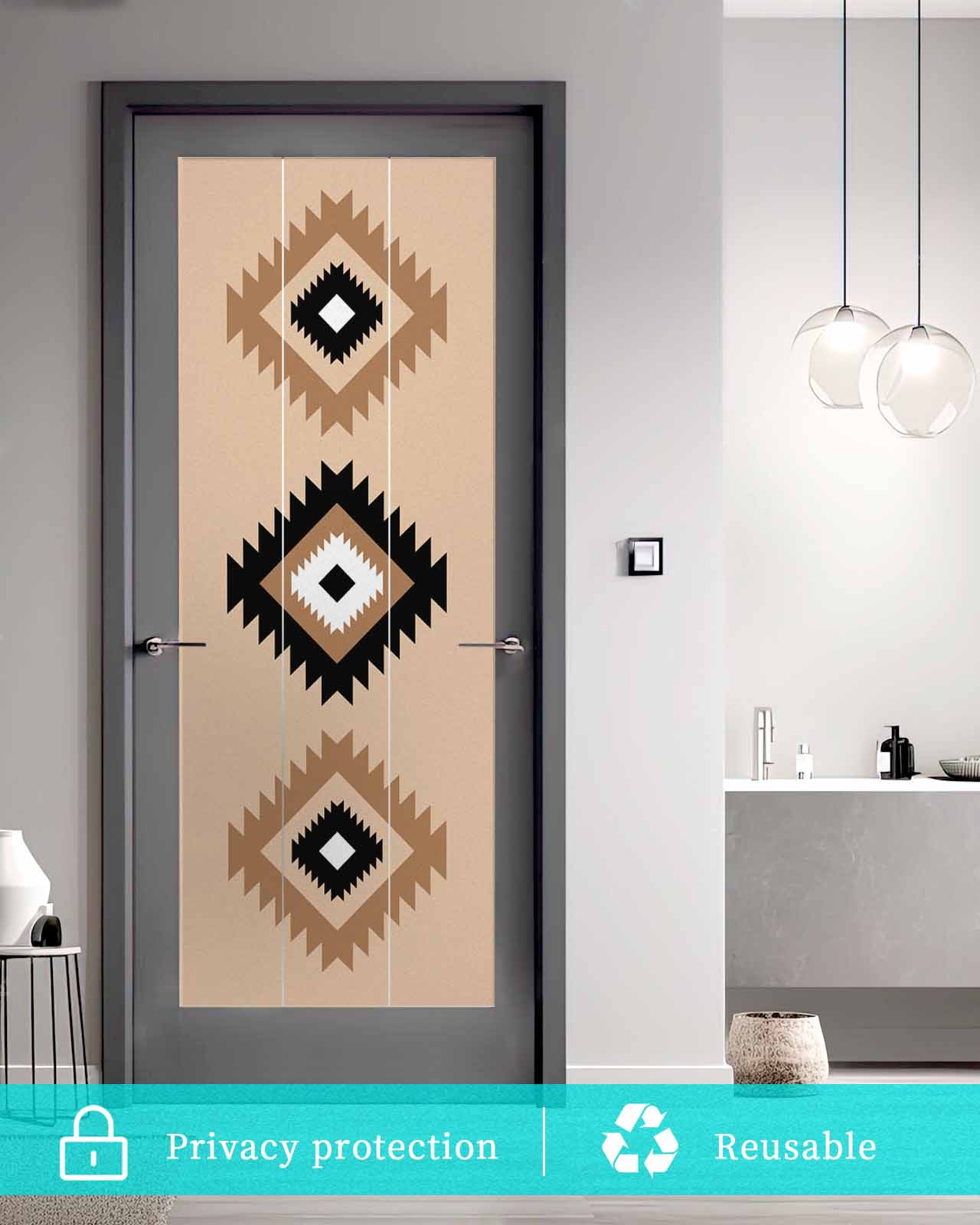 Window Privacy Film, Black Brown Boho Aztec UV Sun Blocking Window Tint Film Heat Control One Way Blackout Window Film, Morocco Mexican Geometric Bohemian Non Adhesive Static Cling 35.4x78.7 In