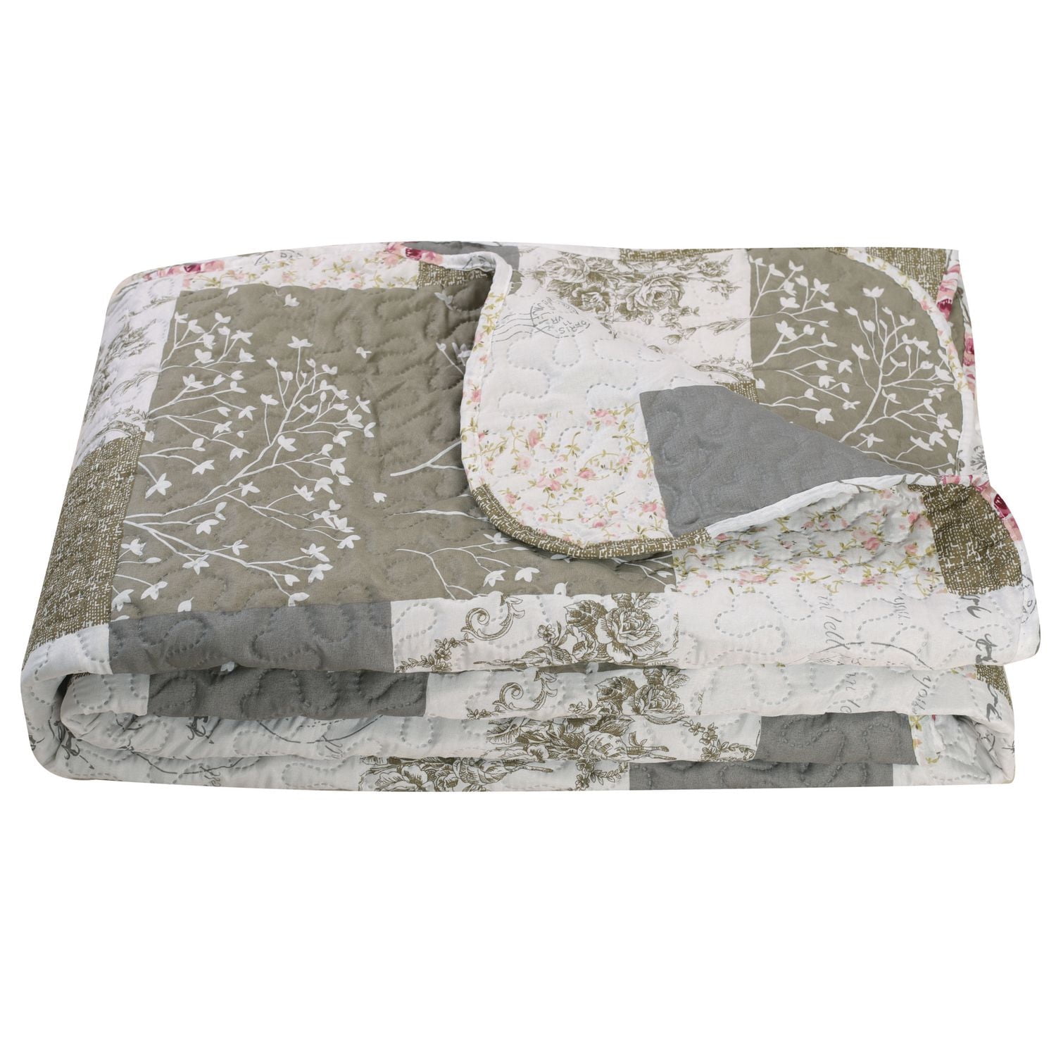 Marina Decoration Rich Printed Embossed Pinsonic Coverlet Bedspread Ultra Soft Bedding Summer Quilt Set with Shams, Rose Floral and Branch Plaid Pattern