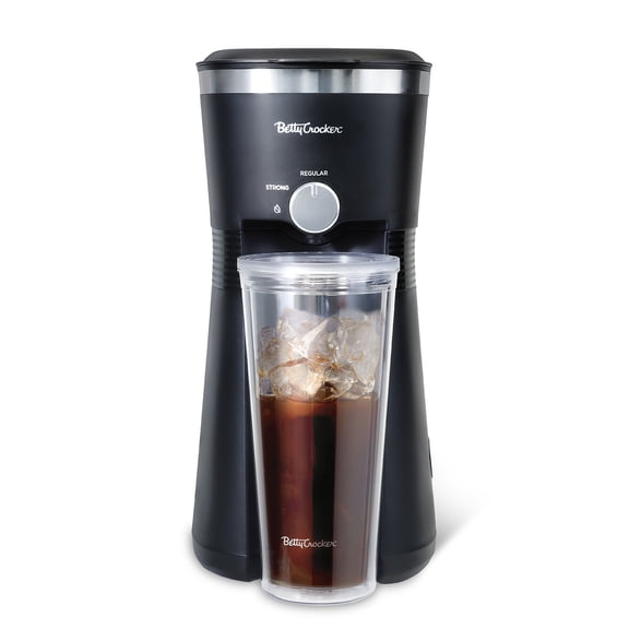 Betty Crocker Coffee Maker for Iced & Hot Brew, Brews in 4 Minutes, Compact Iced Coffee Machine with Chrome Accents, Reusable Filter, BPA-Free 20-Oz Tumbler & Straw, BC-4869B, Black