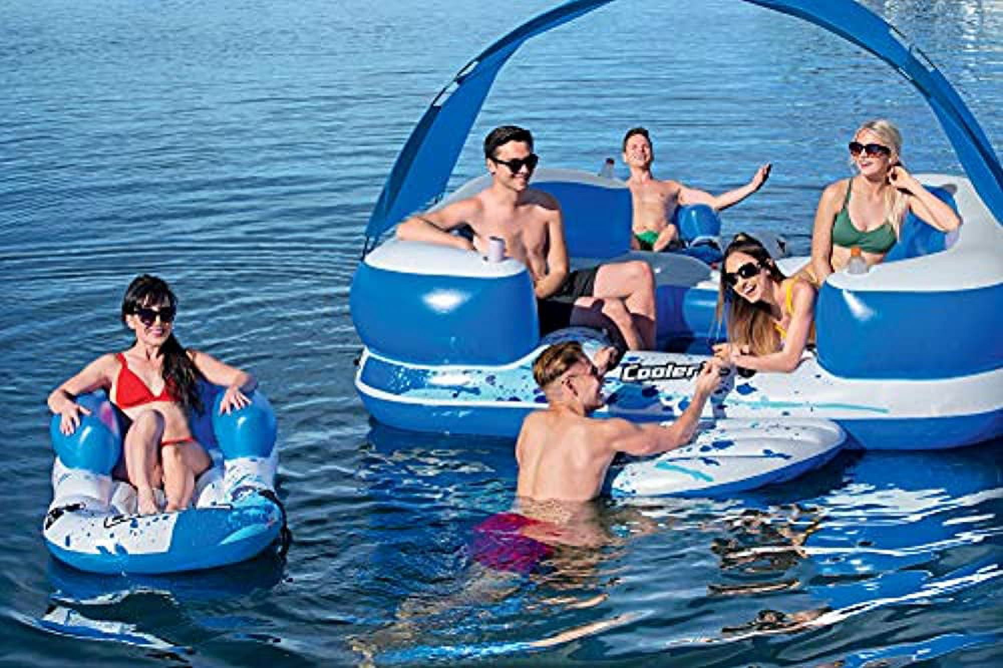 CoolerZ Tropical Breeze III Inflatable 8-Person Floating Island with UV Sun Shade and Connecting Lounge Rafts