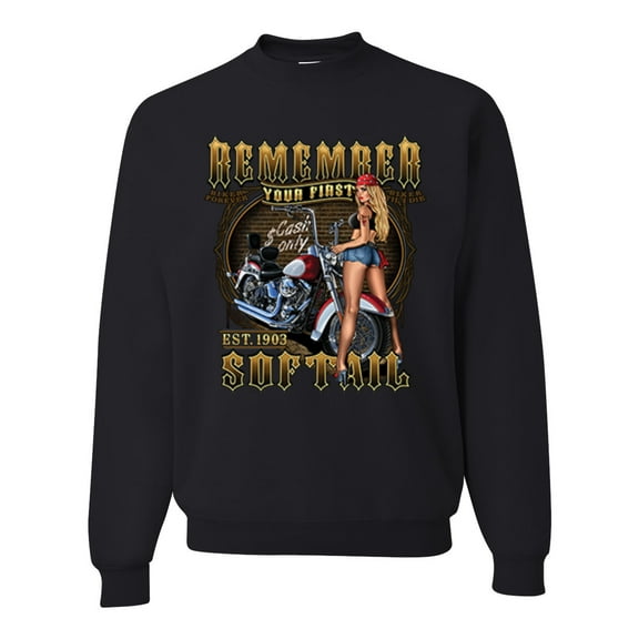 Wild Bobby, Remember Your First Soft Tail Bike Hot Babe Cars and Trucks Unisex Crewneck Graphic Sweatshirt, Black, Small