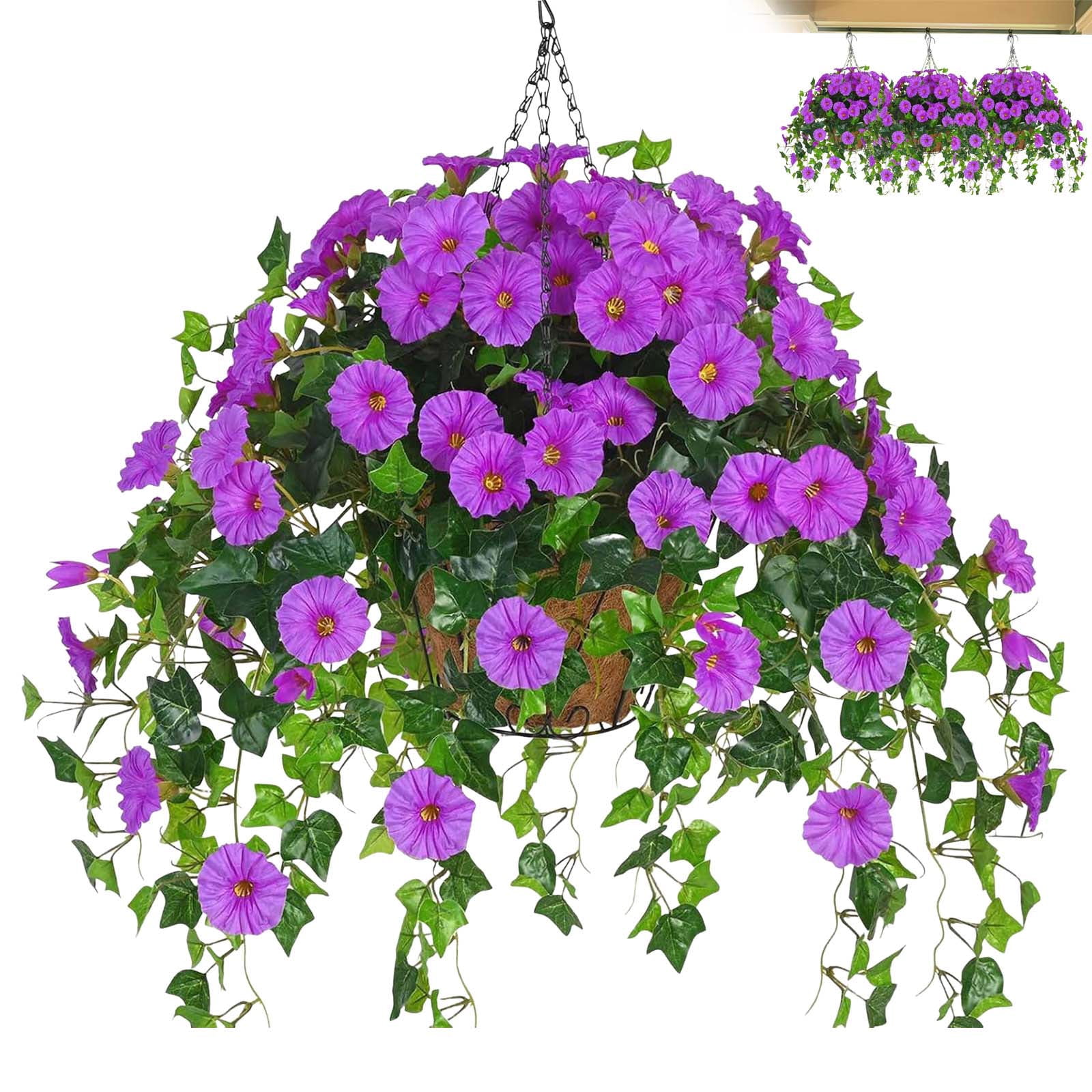Artificial Hanging Flowers Baskets for Spring Outdoors Decor, Silk Morning Glory in Planter UV Resistant Realistic Outside Flowers for Outdoor Porch Patio Balcony Yard Home