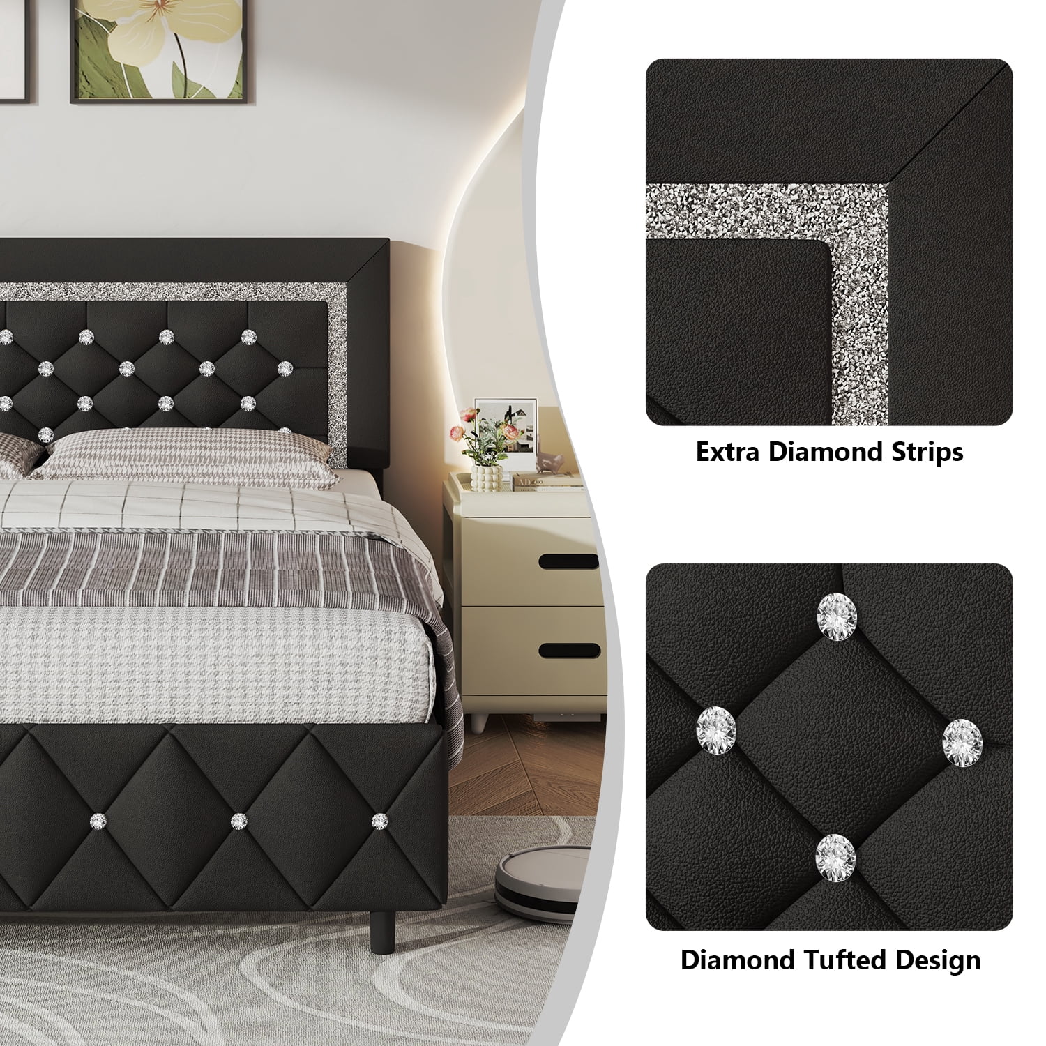4 EVER WINNER King Bed Frame, Upholstered Platform Bed Frame with Headboard and Footboard, Diamond Headboard and Footboard Design, Black