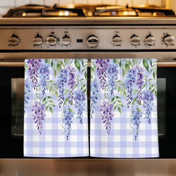 Purple Flowers Kitchen Towels Set of 2, Weeping Spring Floral Checkered Pastoral Absorbent Dish Towels for Kitchen, Microfiber Hand Towel, Quick Drying Tea Towel for Cleaning Decorative Dishcloths