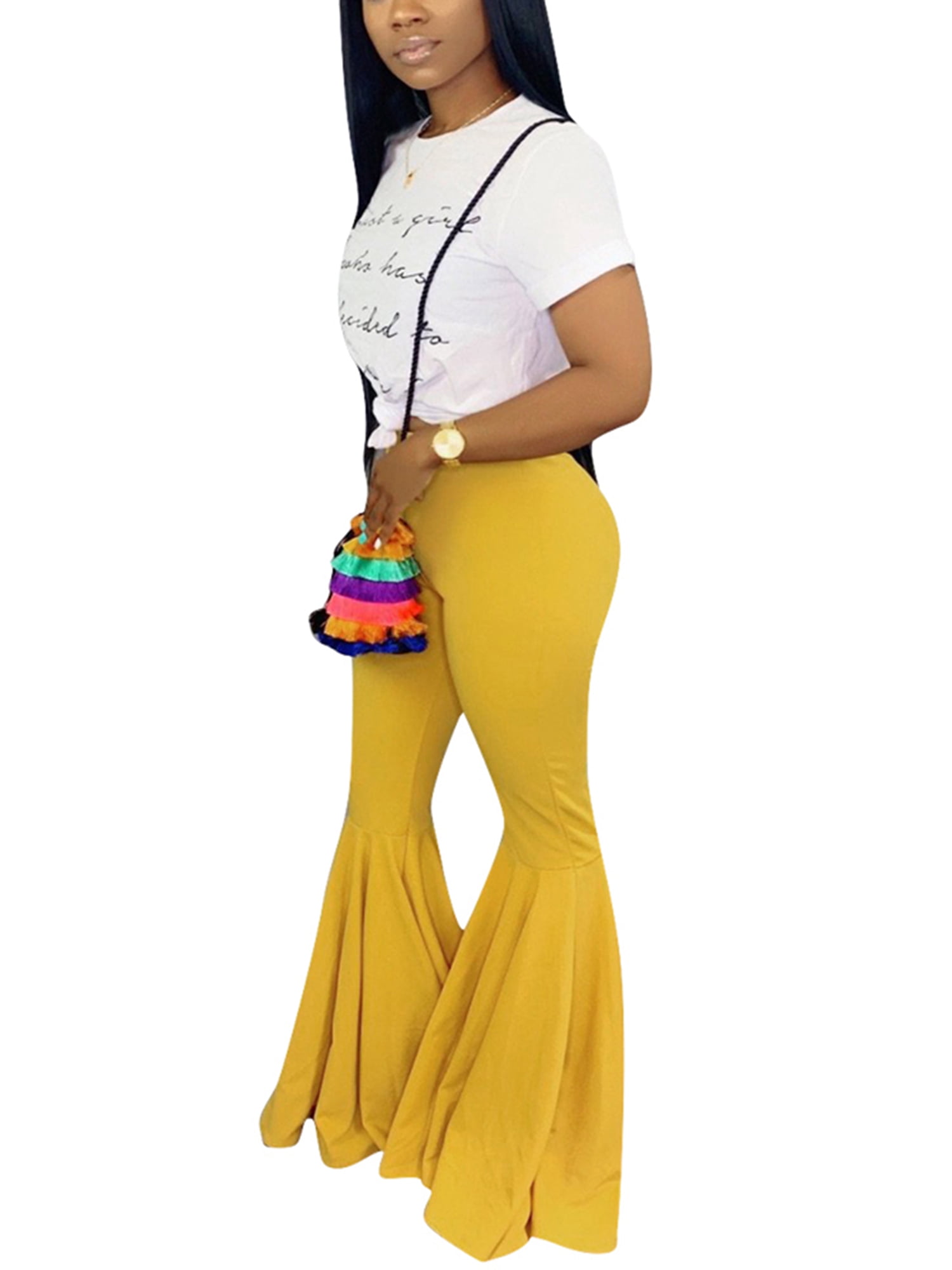 JBEELATE Women Ruffle Flare Bottom Pants Mermaid Wide Leg Bell Bottoms