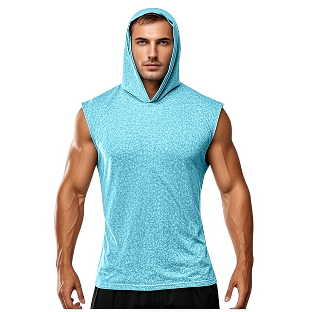 pstuiky Camiseta sin mangas para hombre, Blusa tipo túnica holgada con capucha para hombre, de verano, de secado rápido, para fitness, con protección solar y elástica. Camisas de hombre xl