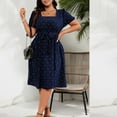 thumbnail image 2 of Ecqkame Women's Plus Size Dresses Elegant Vintage Polka Dots Print Tie Front Square Neck Flowy Hem Midi Dress Dark Blue XXXXL, 2 of 5