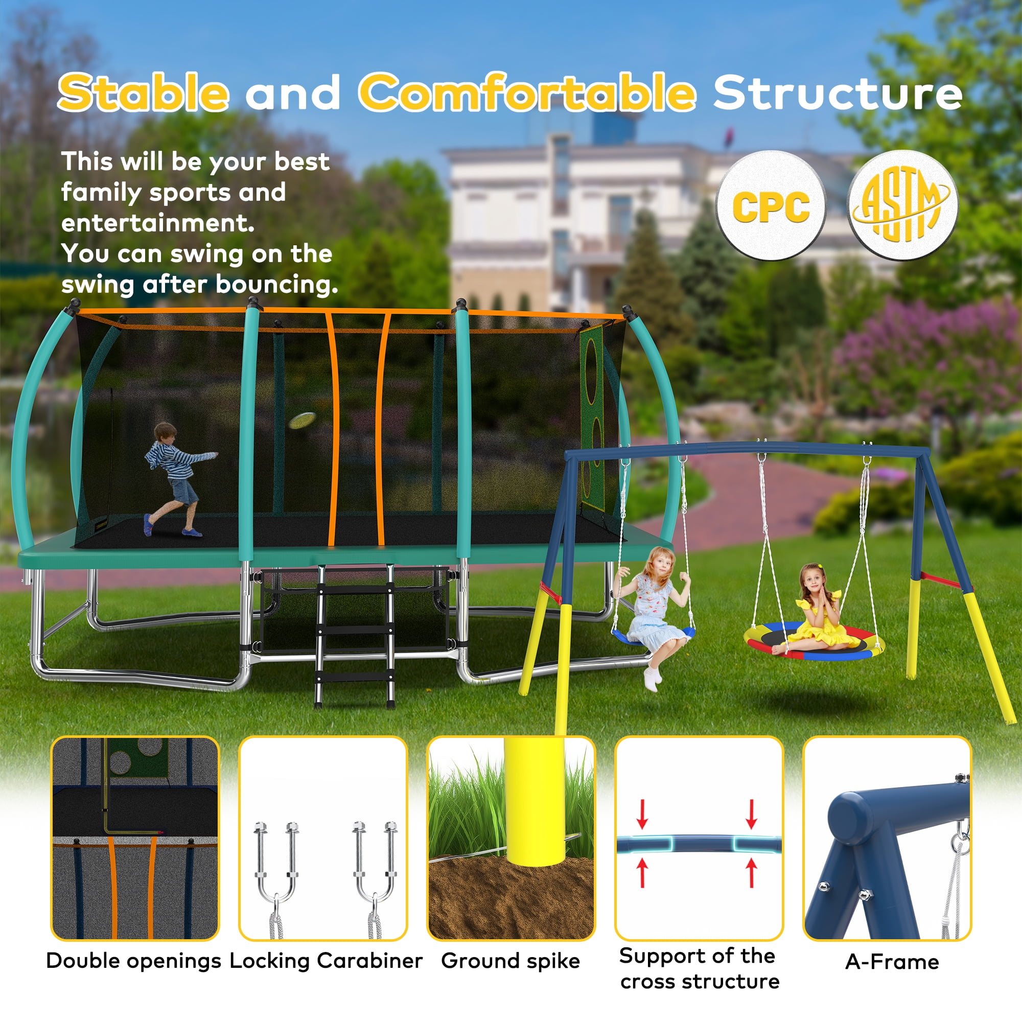 Mersco 8x14FT 4-in-1 Trampoline with Swing Set , Enclosure Net, Recreational Trampoline, Outdoor Kids Trampoline for Backyard, Beach, Birthday Gifts,Green