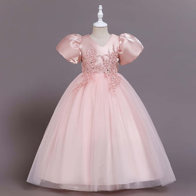DPTALR Robe pour Enfants Fille à Manches Courtes Robe de Princesse Robe à Queue Fleurie Jupe Robe