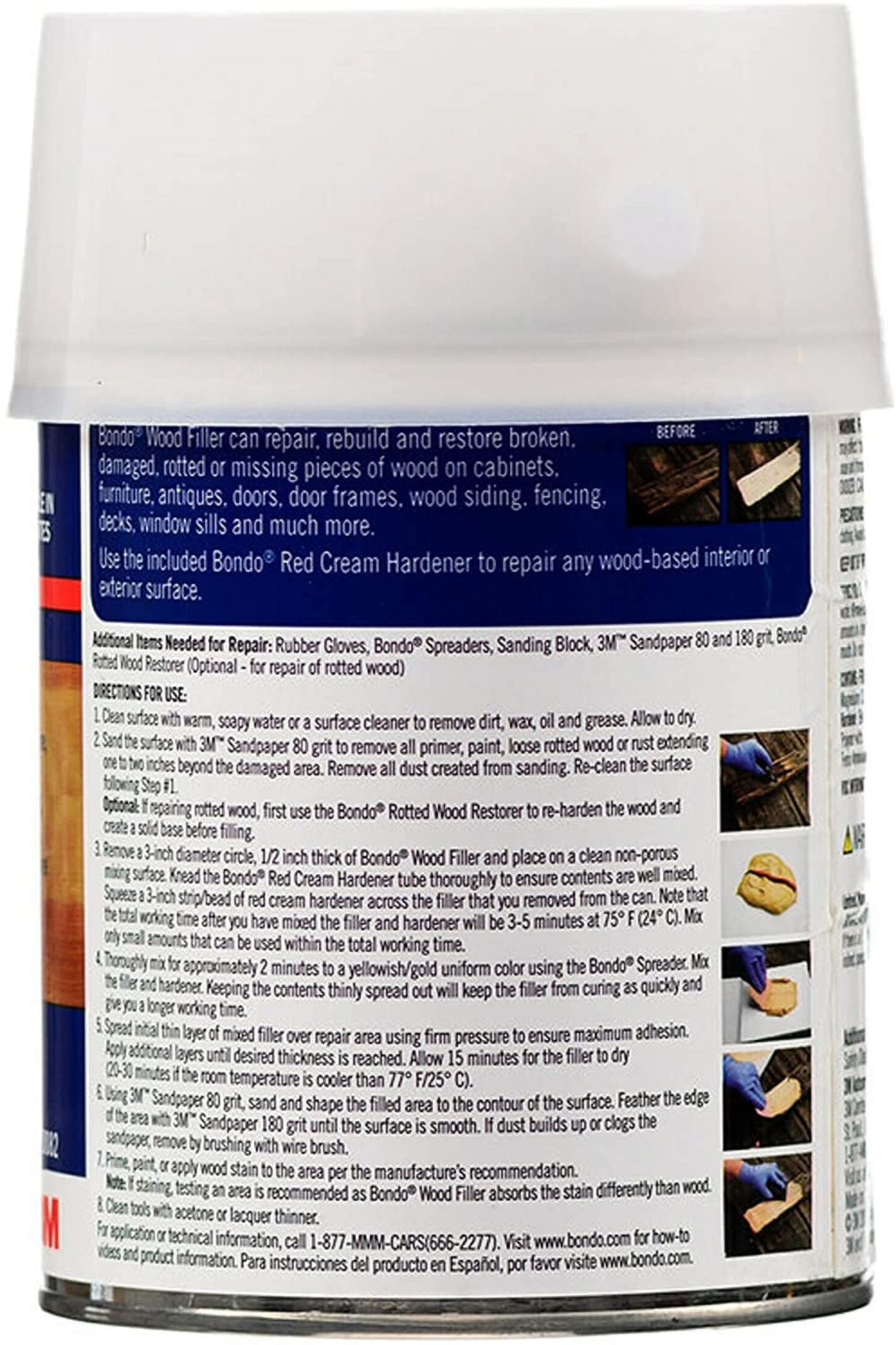 3M Bondo Wood Filler – 30 fl oz, High-Performance Two-Part Formula for Interior and Exterior Wood Repairs, Fast-Curing, Paintable, Stainable
