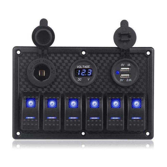 Kenally Panel de interruptores de aleación de aluminio para coches, barcos, RV, 6 entradas, medidor de voltaje USB Dual desmontable, Paneles de instrumentos para automóviles