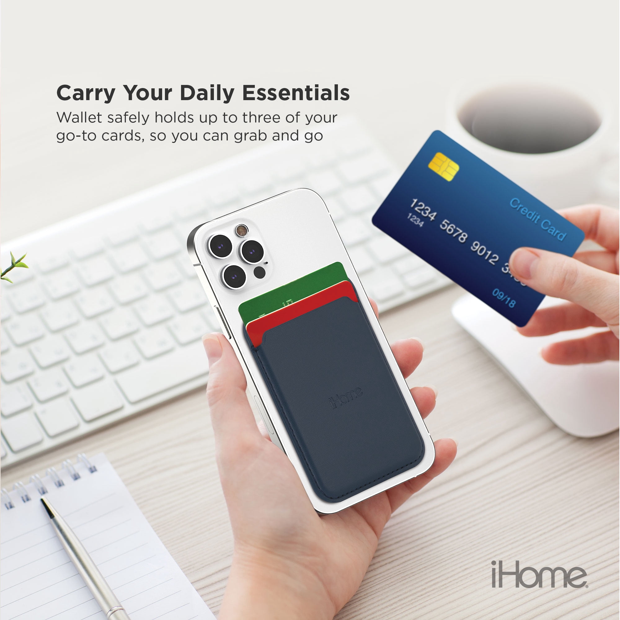 iHome Magnetic Vegan Leather Card Wallet: Premium Vegan Leather, Lightweight, Ultra Slim, MagSafe Compatible for iPhone 12 & 13 Series (Navy)