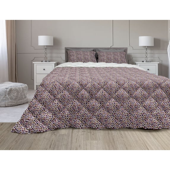 African Comforter & Sham Bedding Set, Leopard Skin Motif with Abstract Savannah Animal Camouflage Pattern, 3 pcs Duvet Set Microfiber Filling Quilt, 5 Sizes, Marigold Magenta Violet, by Ambesonne