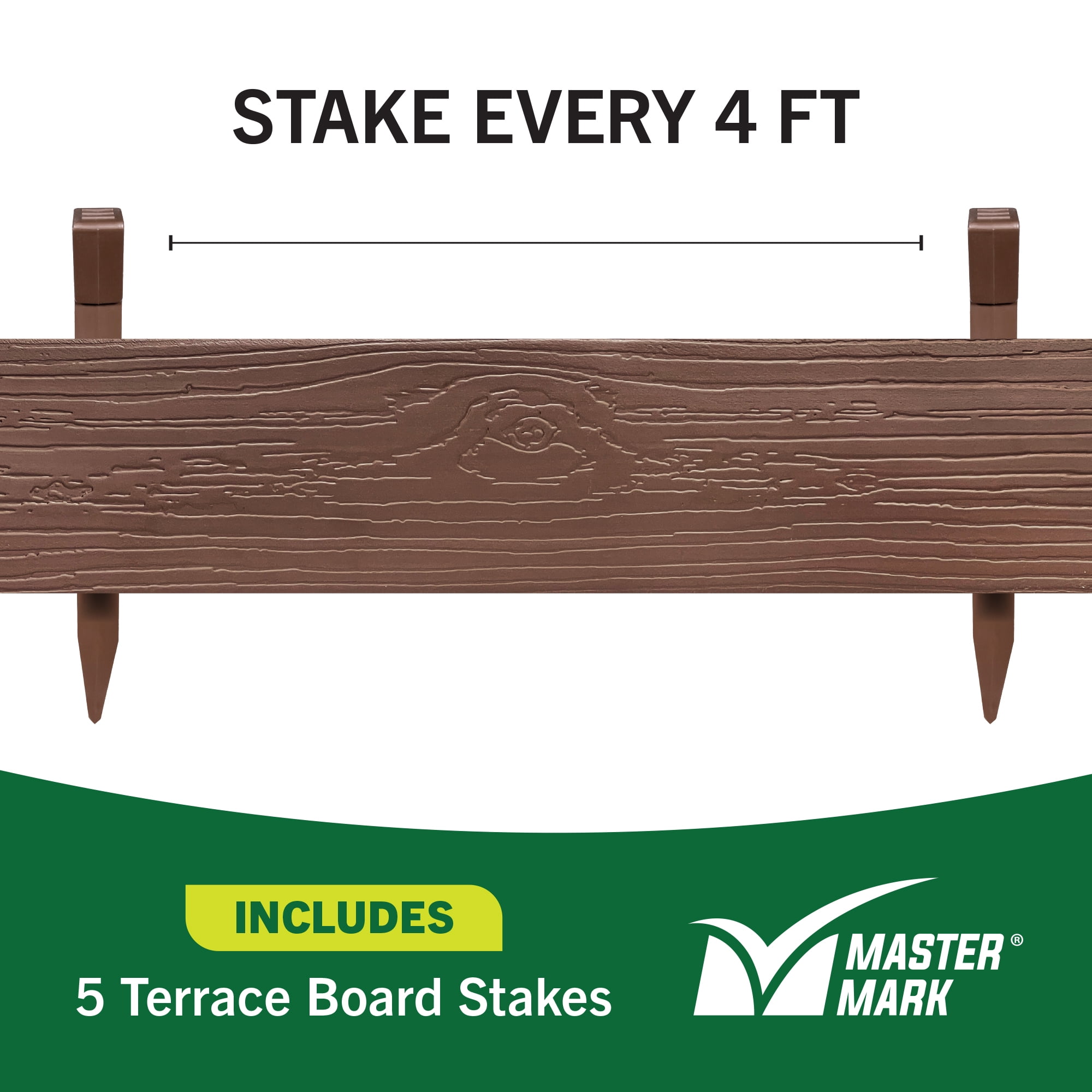 Master Mark Terrace Board 5-Inch x 20-Ft Plastic Garden Edging Border, Brown Wood Grain, Flexible & Durable, Includes 5 Anchoring Stakes, Made in USA - Ideal for Landscape Edging & Garden Fence