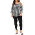 thumbnail image 2 of Agnes Orinda Women's Plus Size Metallic Tops Glitter Sparkle One Shoulder 3/4 Sleeve Shiny Party Tee Blouse 4X Silver, 2 of 6
