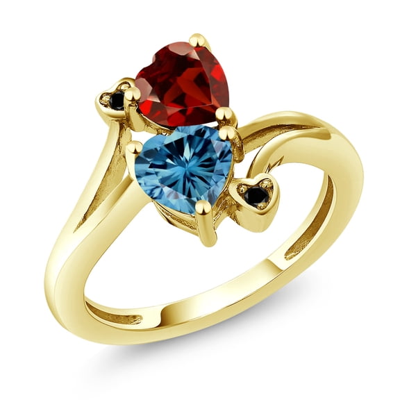 Gem Stone King 10K Yellow Gold Diamond Accent Ring Heart Shape Red Garnet and Vivid Persian Blue Moissanite (1.83 Cttw, Size 9)
