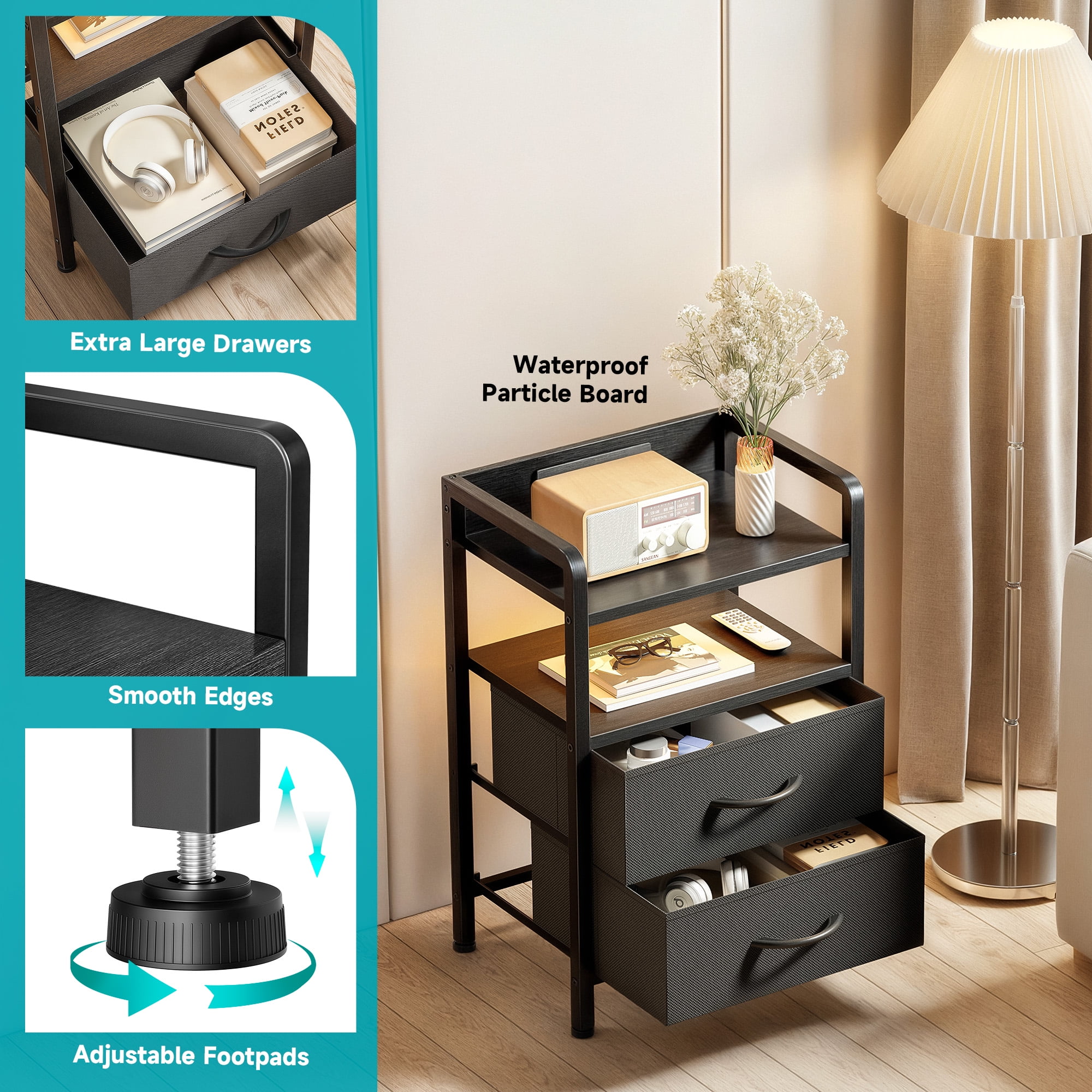 Bestco LED Nightstand End Table with Charging Station & 2 Drawers for Bedroom Black
