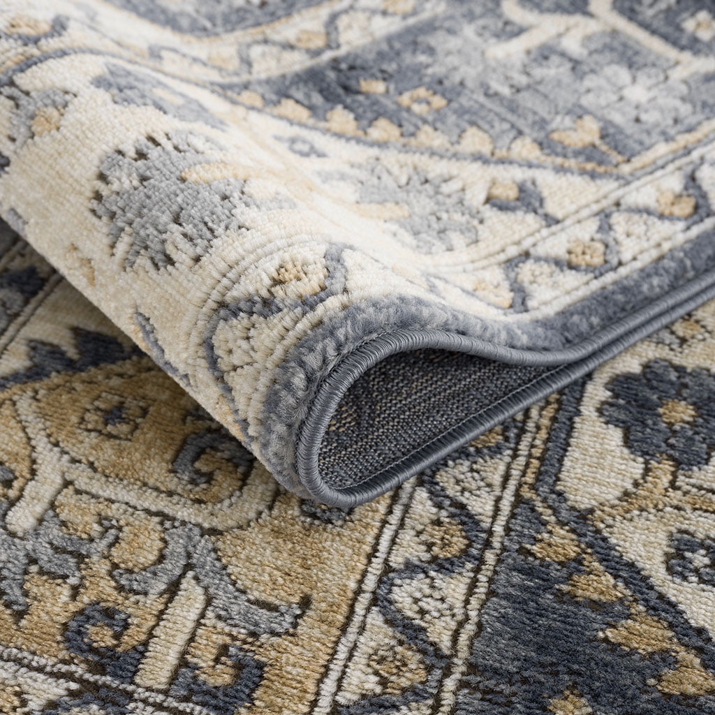 MAYEERTY 8x10' Tiled Border Area Rug Blue Cream Polyester