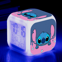HANNTAOO Digital Alarm Clock for Kids, Cartoon Stitch Pattern 7 LED Color Changing Wake Up Clock with Thermometer Function and Night Light, Gift for Boys Girls A93-1827 HTNL#1368