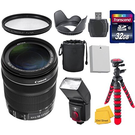 Canon EF-S 18-135mm f/3.5-5.6 IS STM Standard Zoom Lens + 32GB High Speed Memory Card + Memory Card Reader + Spider Bend