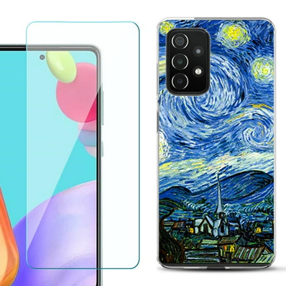 Slim-Fit Flexible Gel TPU Phone Case compatible with Samsung Galaxy A52 5G, with Tempered Glass Screen Protector, by OneToughShield ® - Starry Night Paris