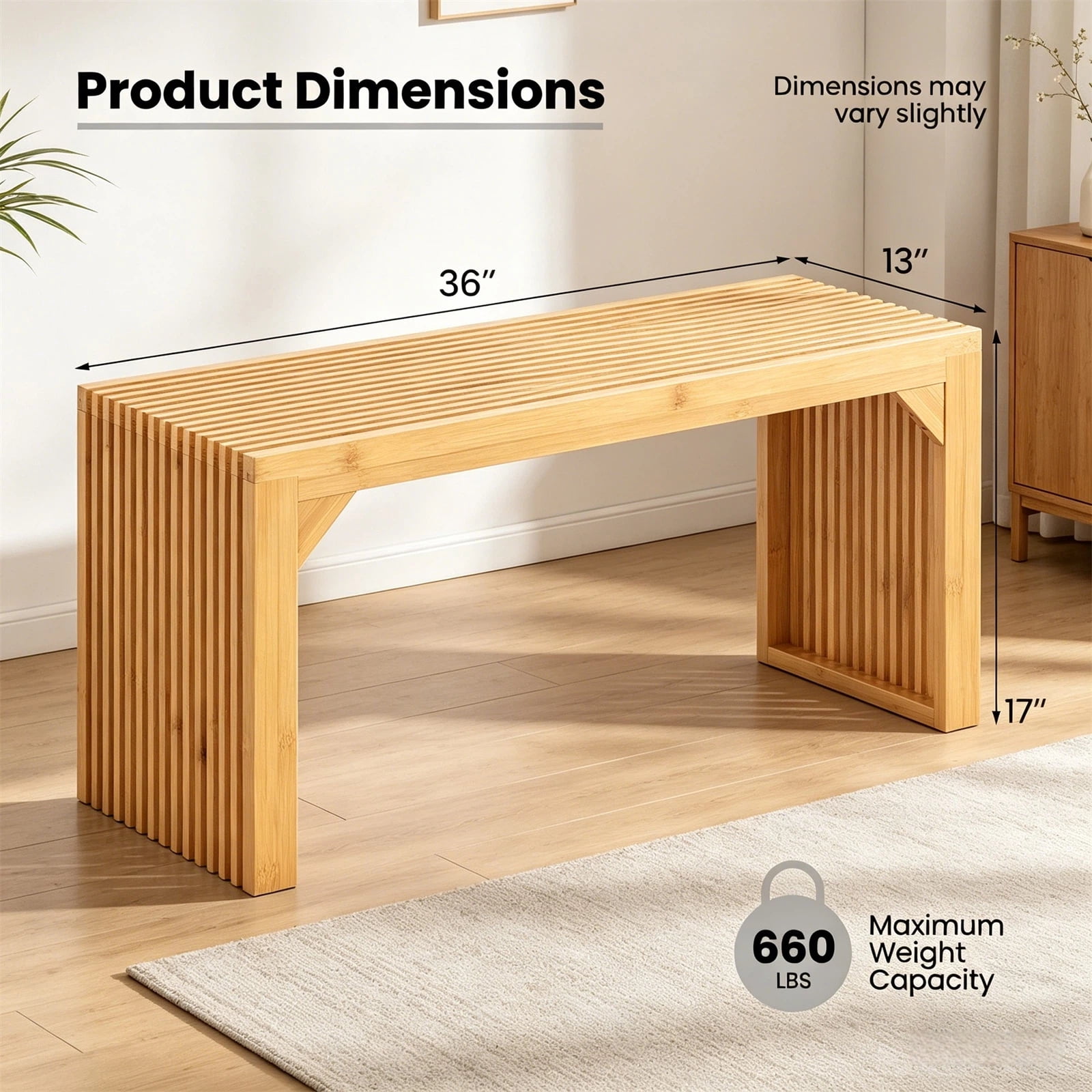 Hommoo Modern Bamboo Dining Bench Long Entryway Bench, Solid Wood Bench, Natural