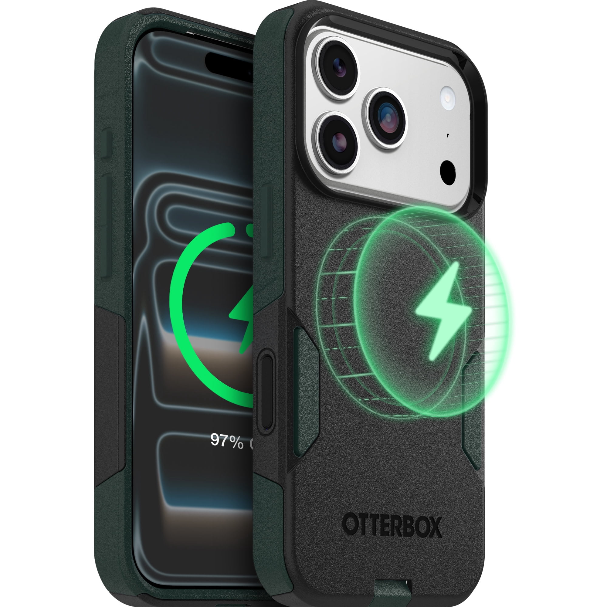 OtterBox iPhone 17 Pro Commuter Series MagSafe Case - Thin & Tough, Dual Layer with Port Protection and Built-In Anchors - Black & Green