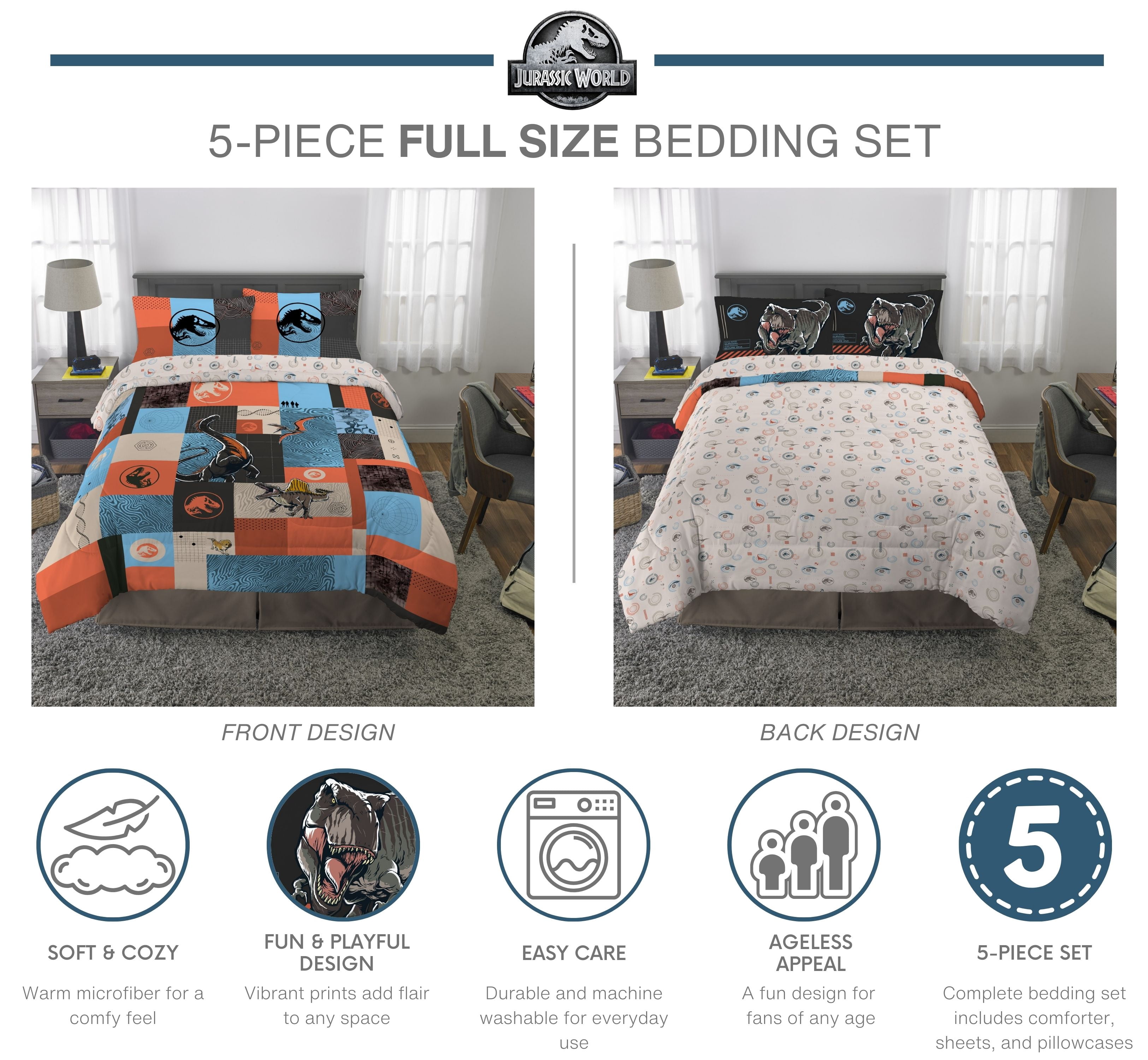 Jurassic World Kids Full Bed in a Bag, 5Pc Bedding Set, Comforter and Sheets