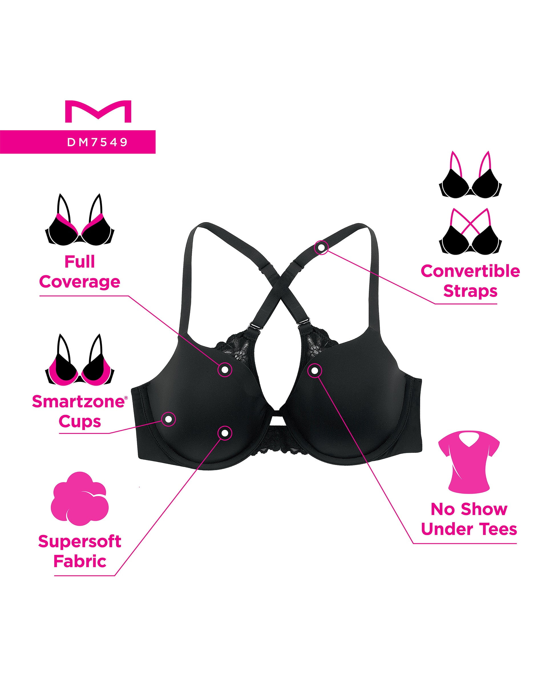 Maidenform Underwire Bra One Fab Fit Full Coverage Convertible Straps Women's DM7549