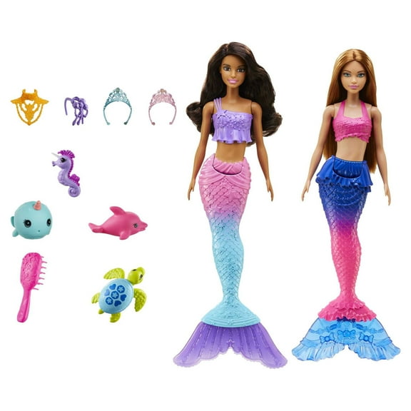 Barbie Mermaid Dolls, Set of 2 with Colorful Tails and Styling Accessories, Plus 4 Ocean Pets