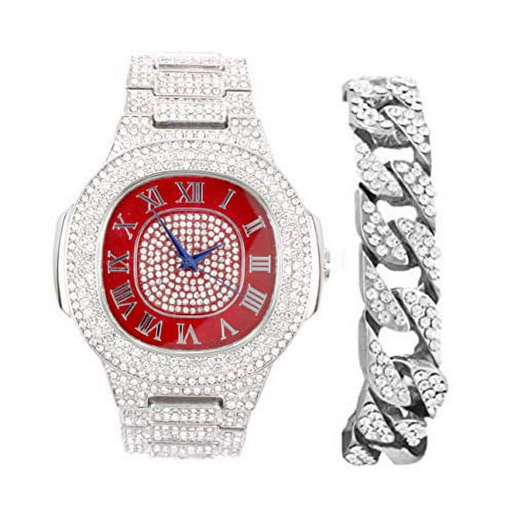 Charles Raymond Blinged Out Cuban Bracelet with Oblong Iced Out Look Hip Hop Wristwatch - ST10235SDR#C Silver Blood Red